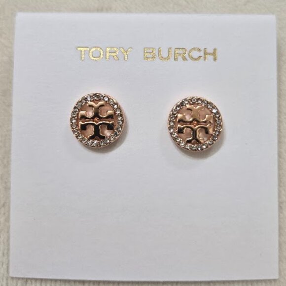 Tory Burch Crystal Logo Circle Stud Earrings *Rose gold - Picture 3 of 5